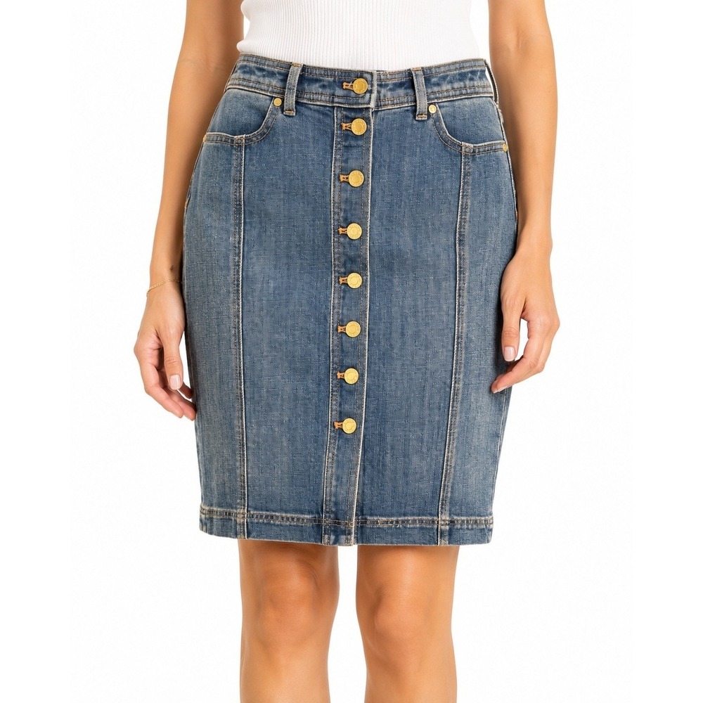 Talbots Petite 0P Button Front Denim Pencil Skirt Medium Wash